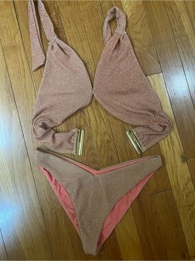 Beach Riot Coral Strapless Top with Gold Trim